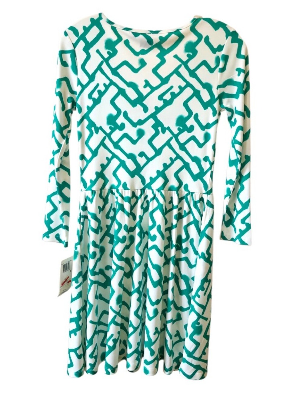 French Connection Geo Print Fit & Flare Dress 3/4 Sleeve Tie Green White US 4 - Picture 2 of 6